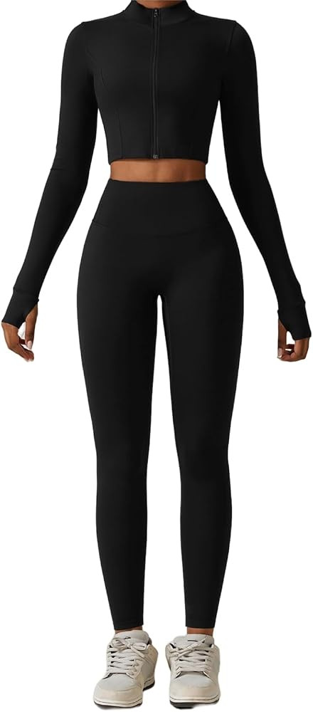3 Piece Women Workout Set Sports Bra Crop Top Jacket with Thumb Holes Tummy Control High Waist Le... | Amazon (US)