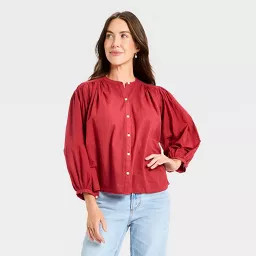 Women's Puff Long Sleeve Banded Collar Neck Blouse - Universal Thread™ Red XS | Target