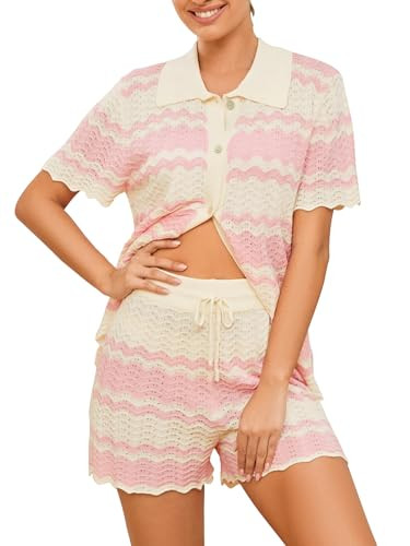 Moreone 2 Piece Lounge Set Women Short Sleeve Striped Crochet Knit Sets Two Piece Button Up Pajam... | Amazon (US)