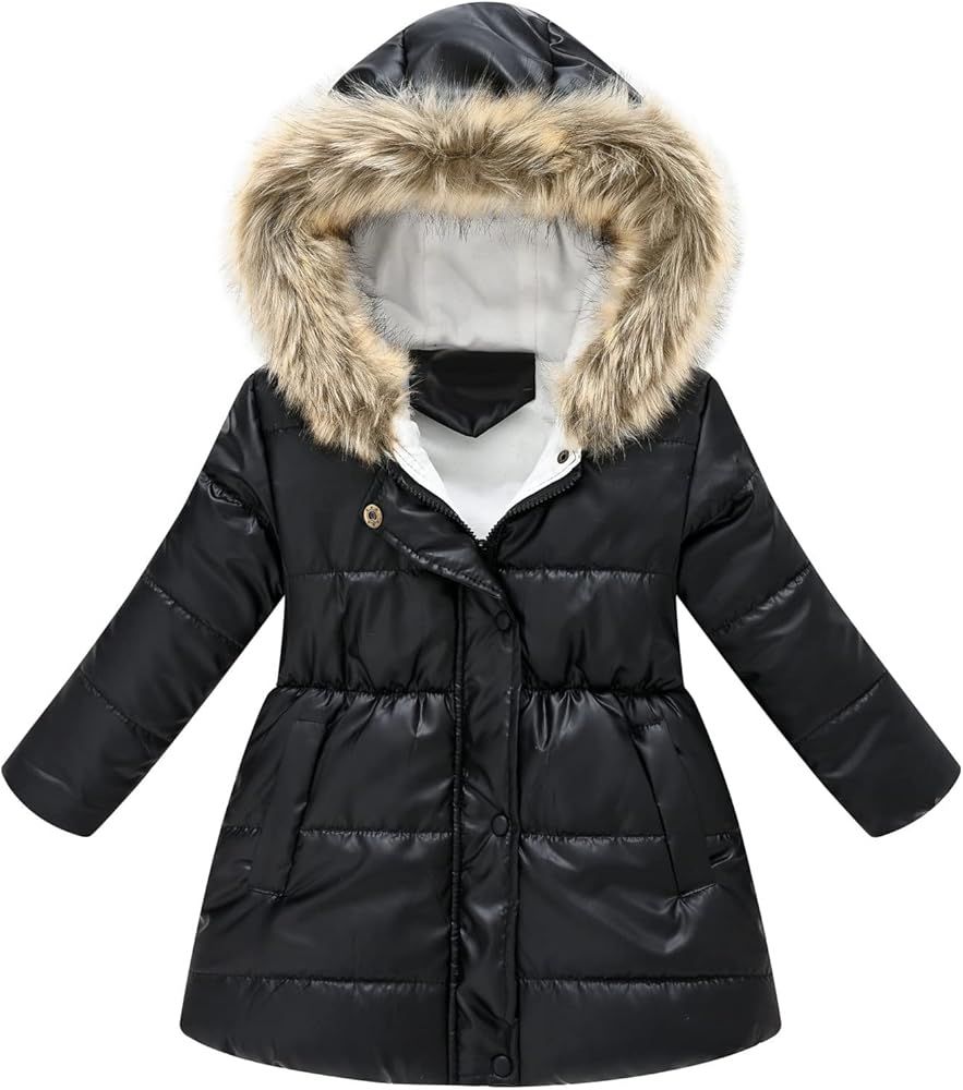 LINKIOM Children's Padded Jacket Fashion Print Cartoon Long Collar Hooded Padded Fleece Warm Coat... | Amazon (US)