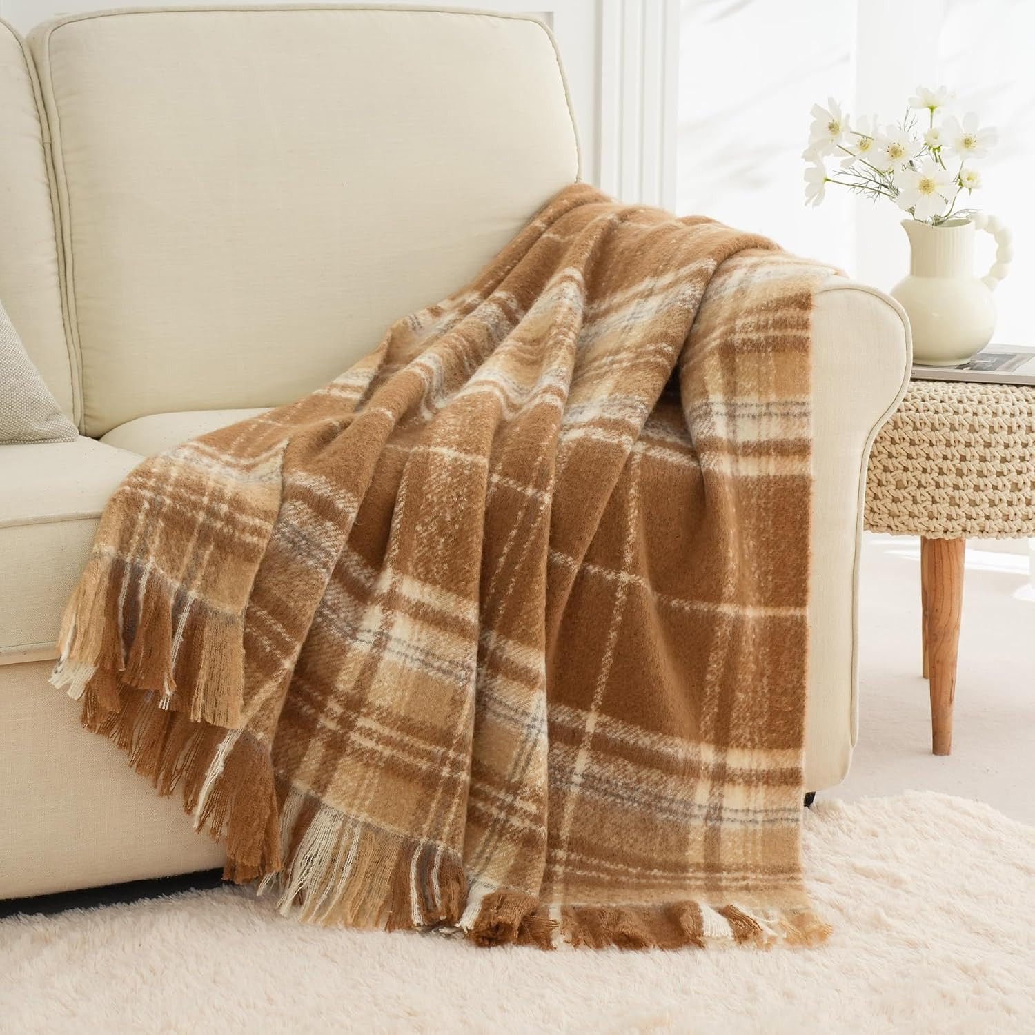 Light Brown Plaid Throw Blanket for Couch, Mohair Tartan Blanket 50"x60" | Amazon (US)