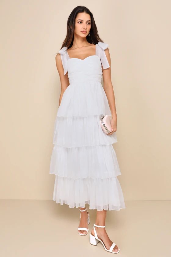 Radiant Arrival Shiny White Organza Tiered Tie-Strap Maxi Dress | Lulus