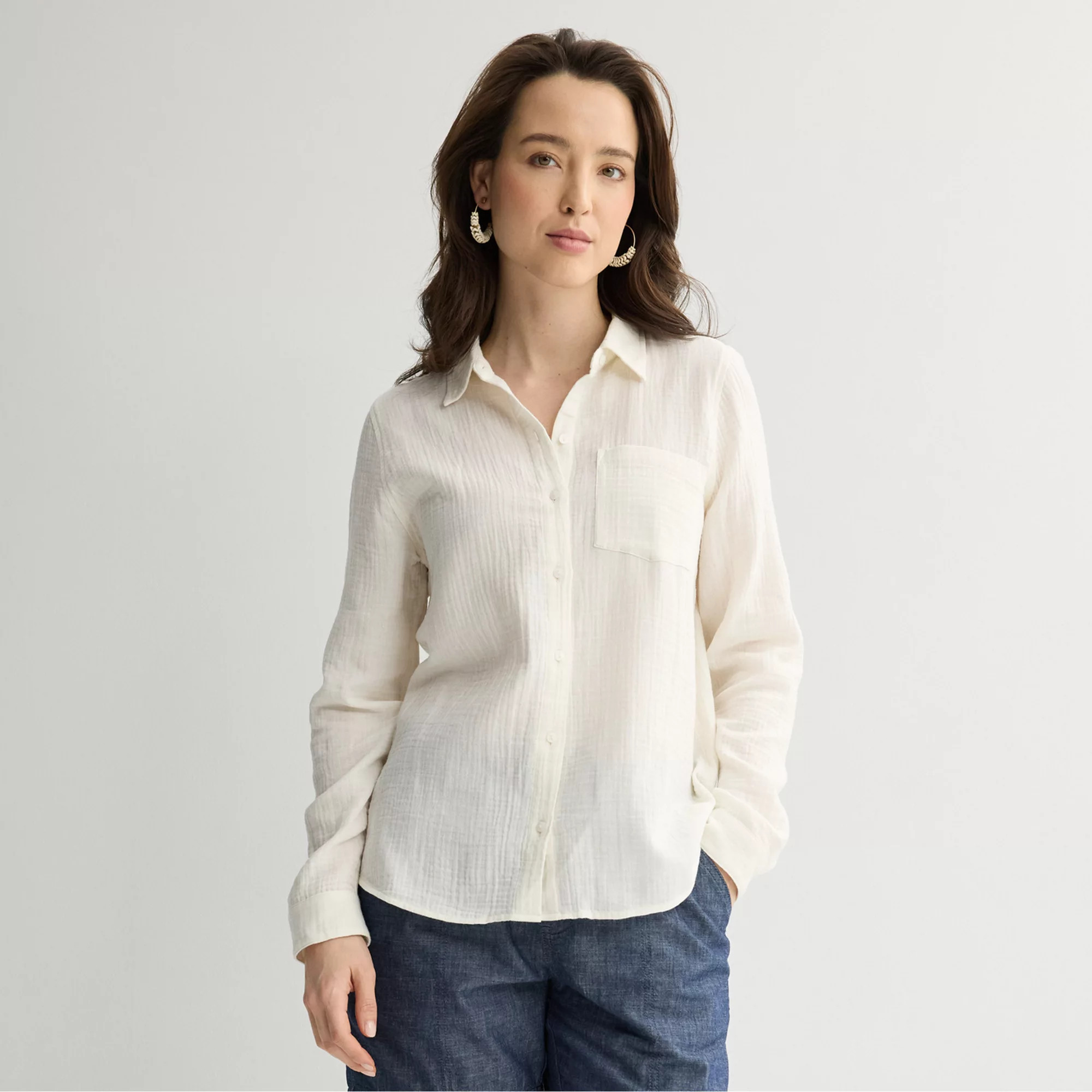 Petite Croft & Barrow\u00ae Long Sleeve Collared Blouse | Kohl's