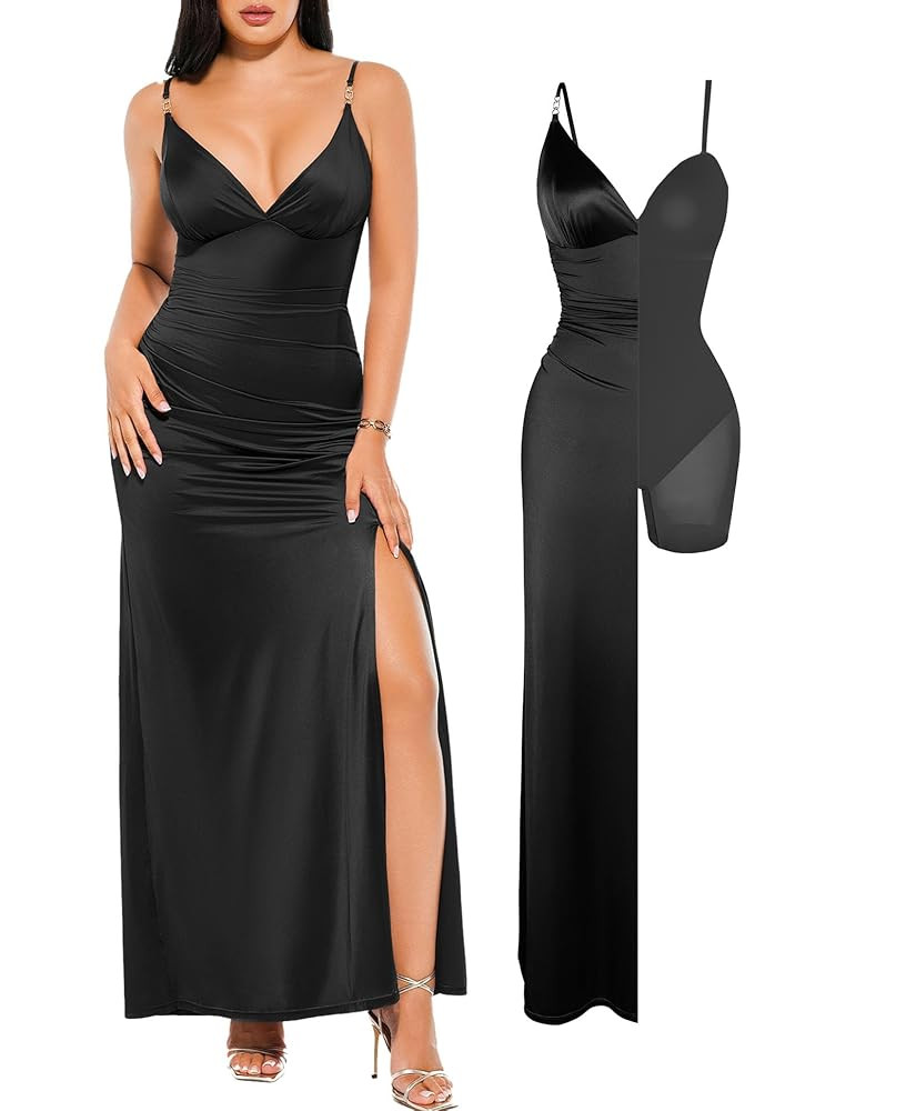 Popilush Women's Sexy Maxi Dress Deep V Neck Ruched Shapewear Dresses Side Slit Formal Cocktail P... | Amazon (US)