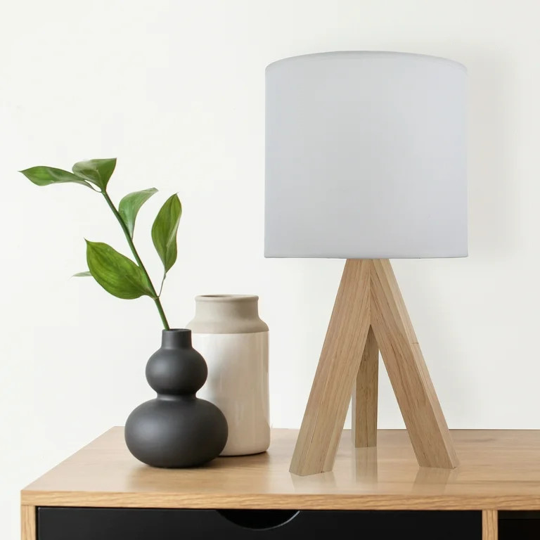 Mainstays Tripod Oak Table Lamp with Classic White Fabric Shade, 16.75"H, LED Bulb Included | Walmart (US)