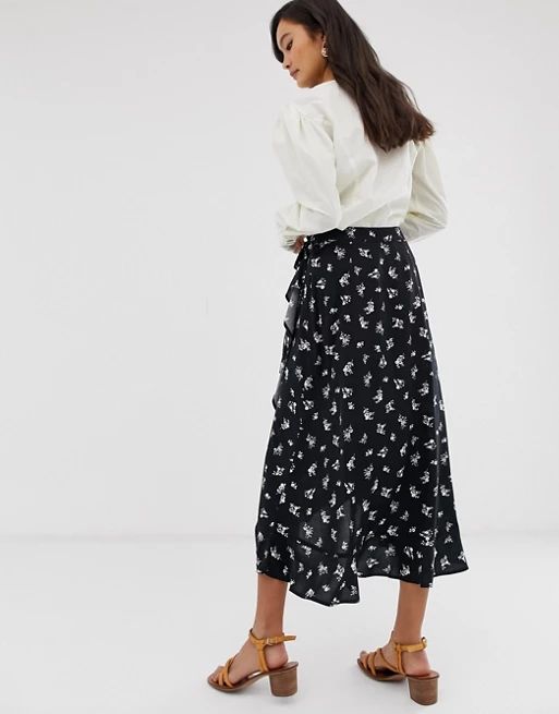 New Look ruffle wrap midi skirt in dark floral print | ASOS US