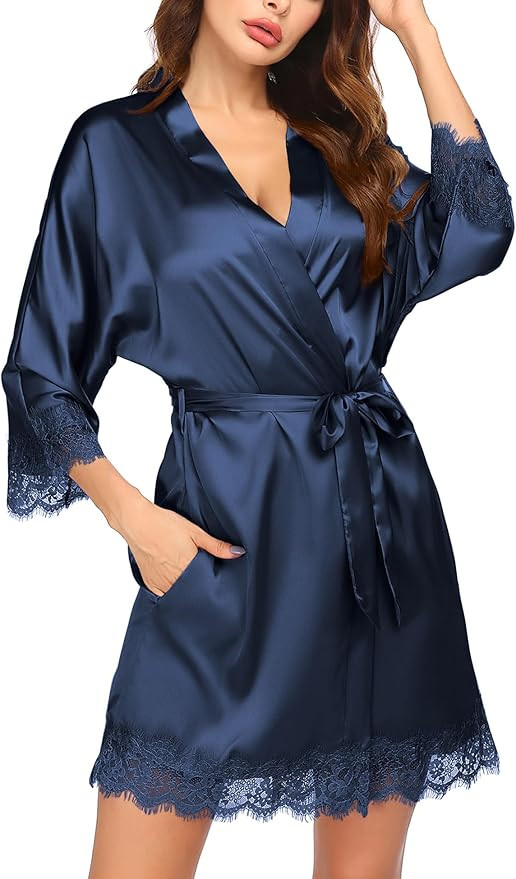 Ekouaer Womens Silk Robe Short Lace Trim Satin Robe 3/4 Sleeve Sexy Kimono Bride Bathrobe Comfy S... | Amazon (US)