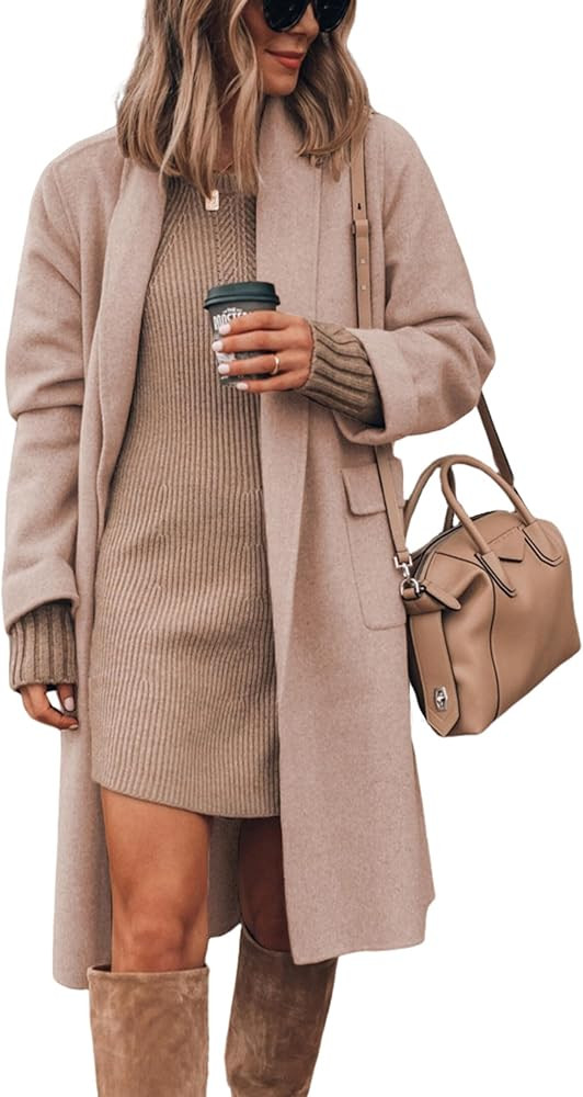 Hooever Women's Long Cardigan Wool Coat Open Front Pockets Warm Lapel Jacket Coat Fall Outerwear | Amazon (US)