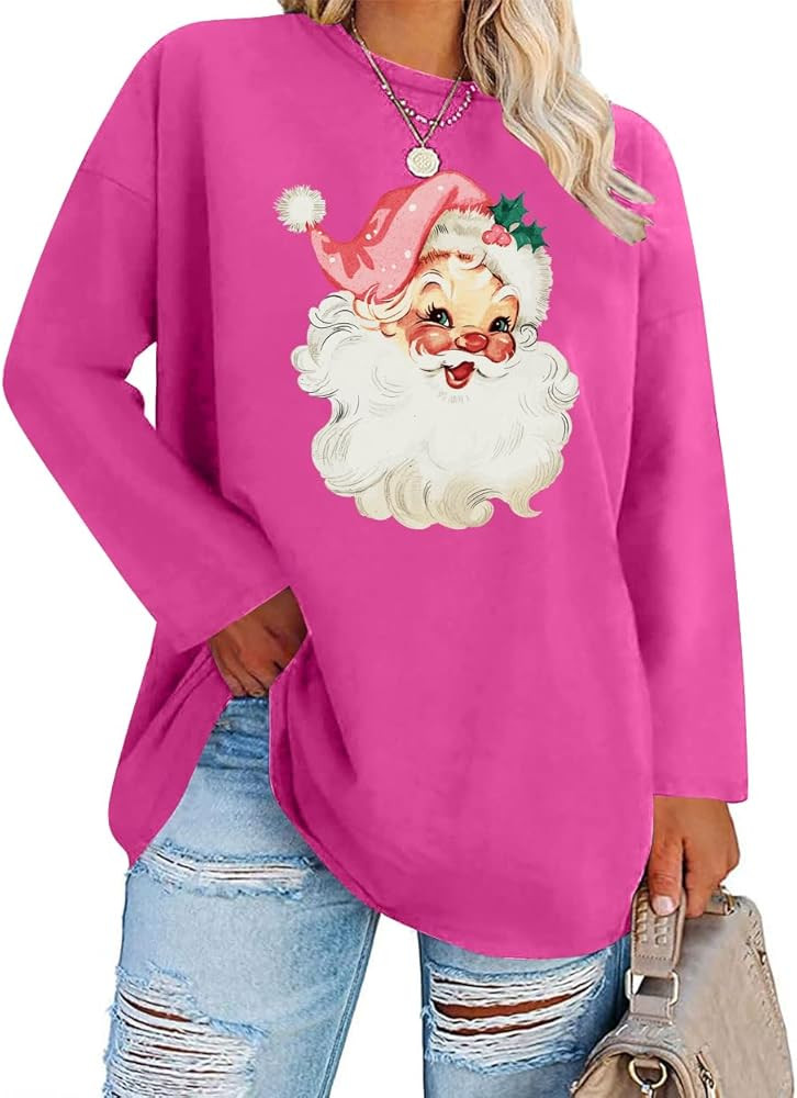 Plus Size Christmas Shirts for Women Merry Christmas Tree Shirt Santa Claus Long Sleeve Xmas Holi... | Amazon (US)