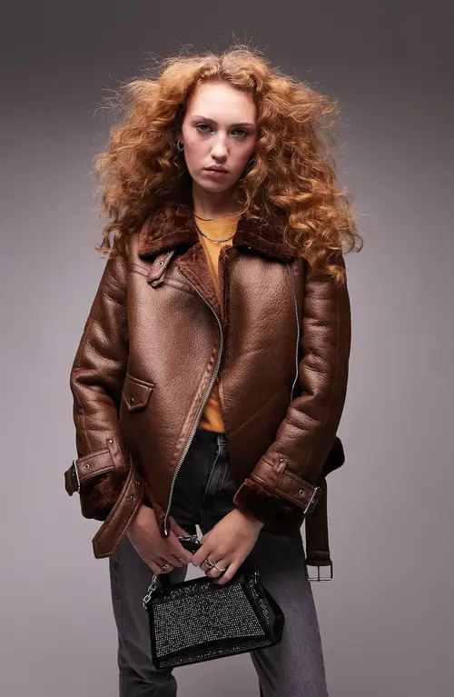 Topshop Faux Leather Biker Jacket in Brown at Nordstrom, Size 8 Us | Nordstrom