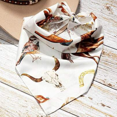 1pc Women's Fashion Bandana With Bull Head, Equestrian & Western Pattern, Multi-Functional Polyester Neckerchief Accessory Suitable For Daily Stylish | SHEIN
