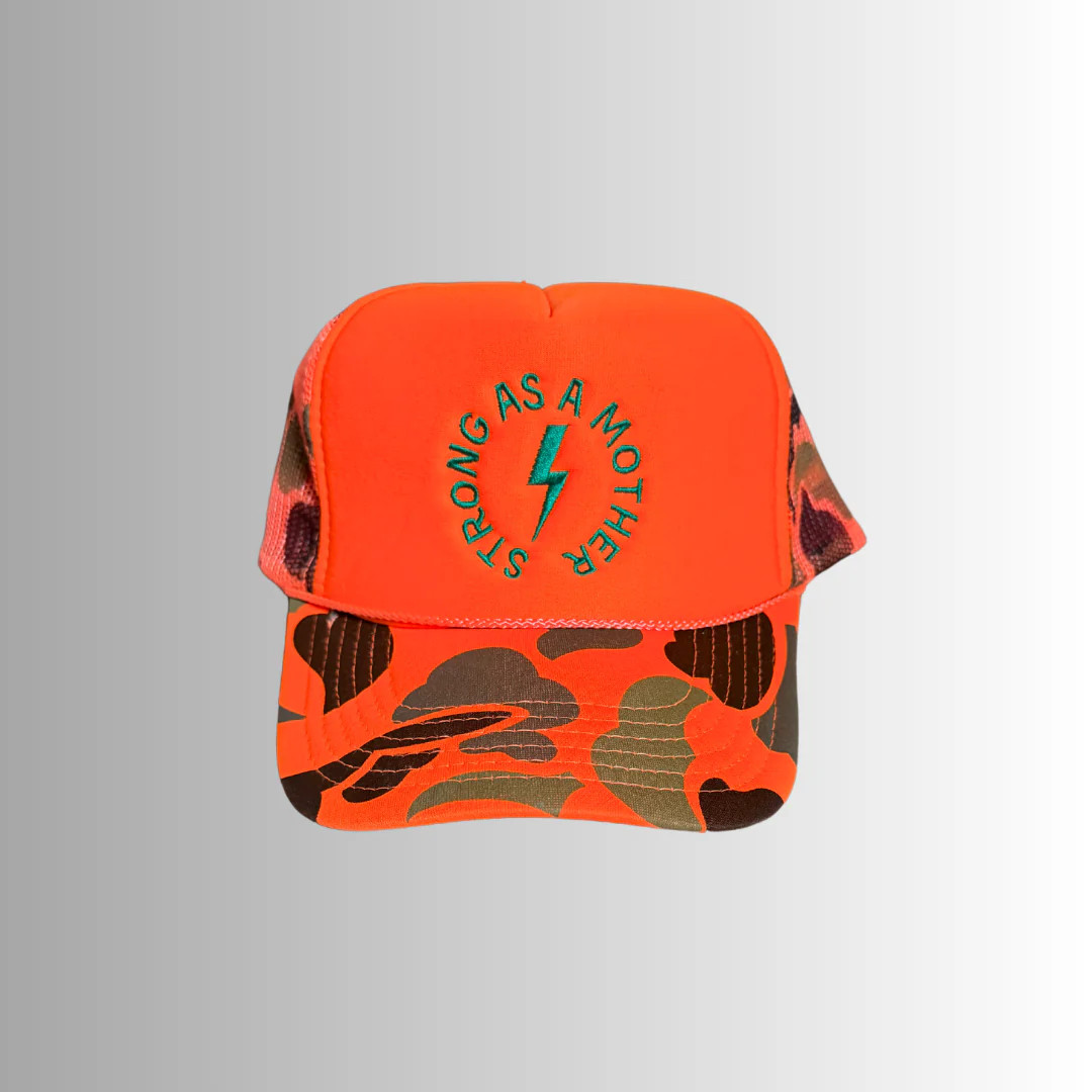 Strong as a mother™ Embroidered Trucker Hat - Neon Orange Camo | Mother Hats