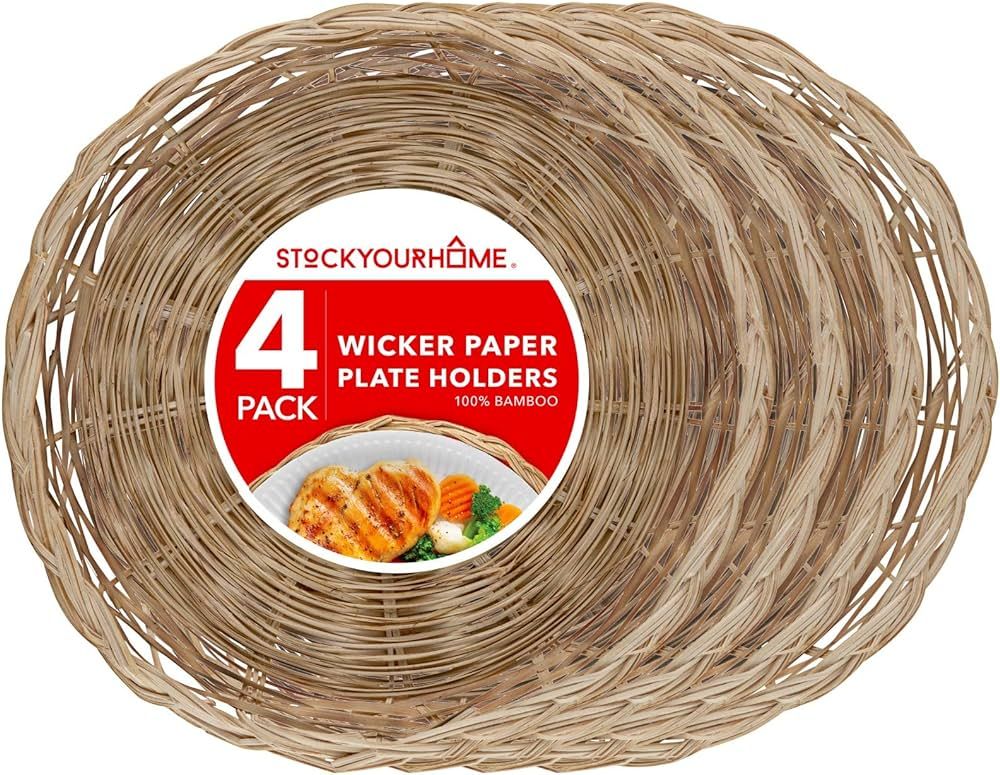 Stock Your Home 10-Inch Bamboo Paper Plate Holder (4 Count) - Heavy Duty Wicker Reusable Natural ... | Amazon (US)