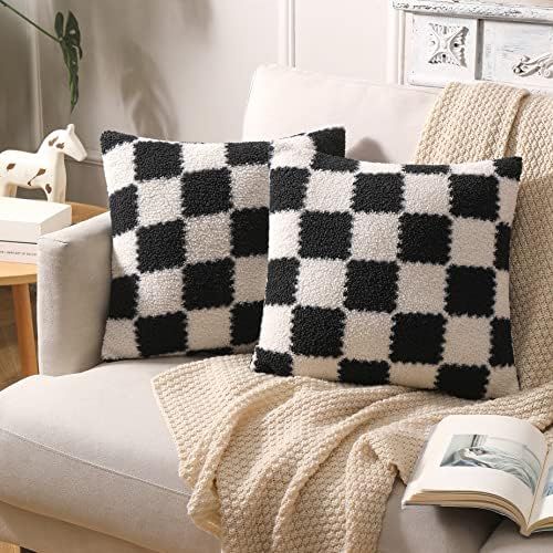 Fluffy Cesthetic Throw Pillow Covers Pack of 2 Cute Decorative Pillows Checkerboard Pattern Cushion  | Amazon (US)