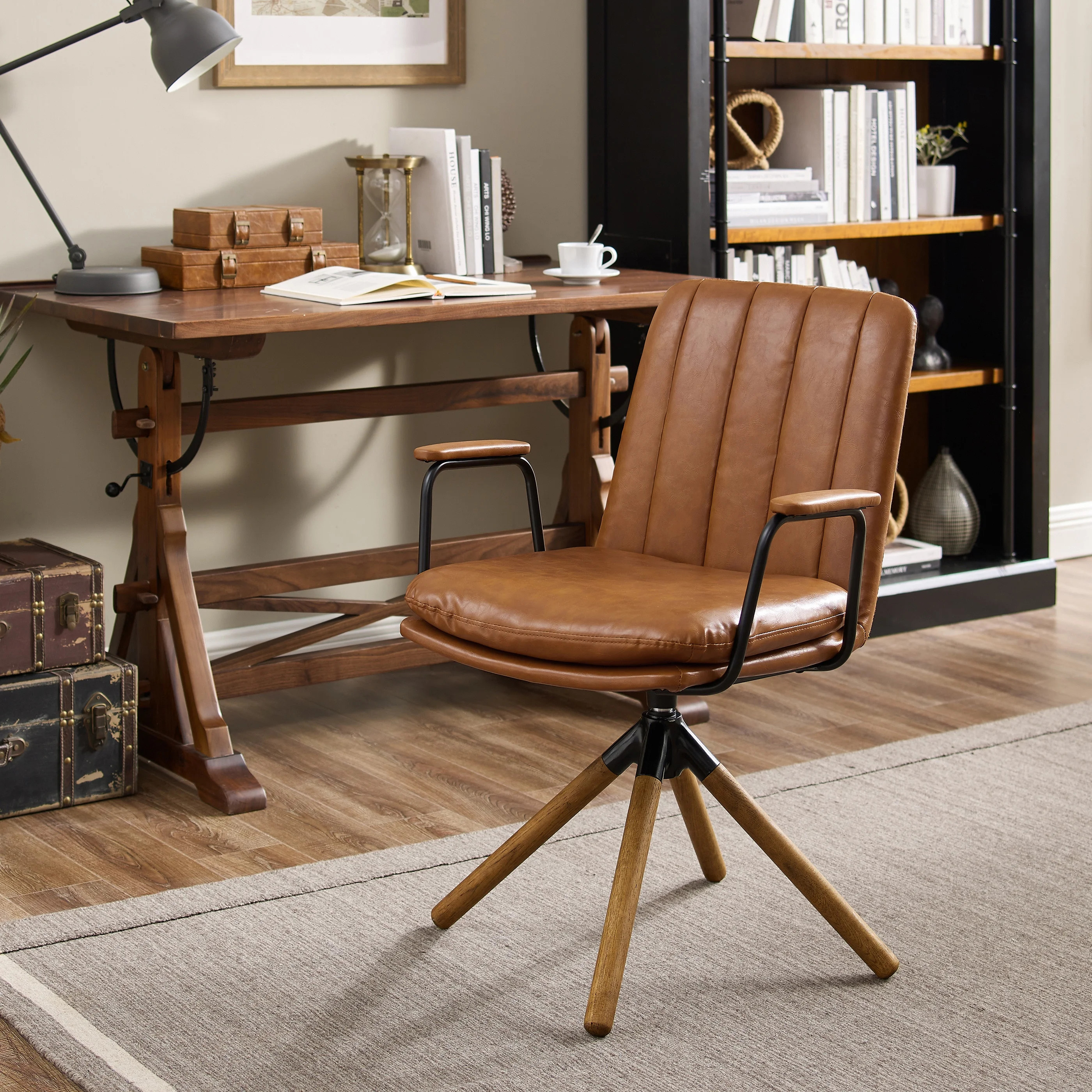 Art Leon Mid-Century Swivel Accent Chair - No Wheels,Upholstered Faux Leather Desk Chair with Oak... | Walmart (US)