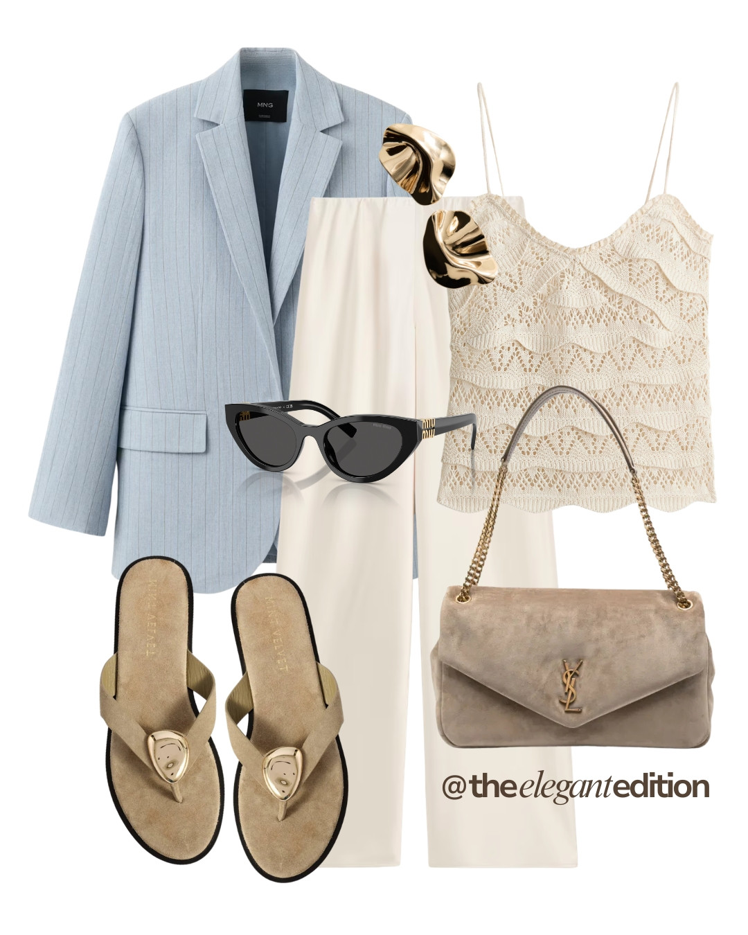 BLAZER LOOK - A fresh blue and ivory spring look. This Mango pinstripe blazer paired with a lace cami, white tailored trousers and suede sandals is giving quiet luxury 

#blazer #lacetop #trousers #LTKspring #LTKsummer #LTKstyletip 

 #LTKeurope #LTKsummer #LTKstyletip