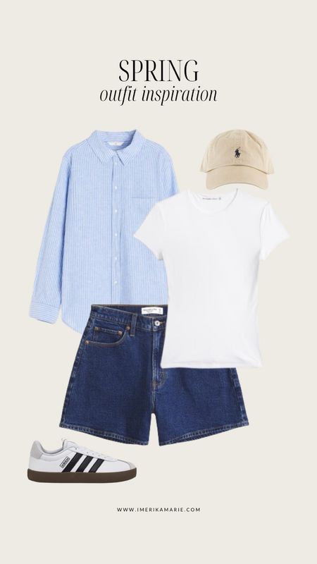 Spring outfit. Blue striped button up shirt. Blue denim shorts. White t-shirt. Ralph Lauren cap. Adidas sambas

#LTKfindsunder100 #LTKSeasonal #LTKfindsunder50