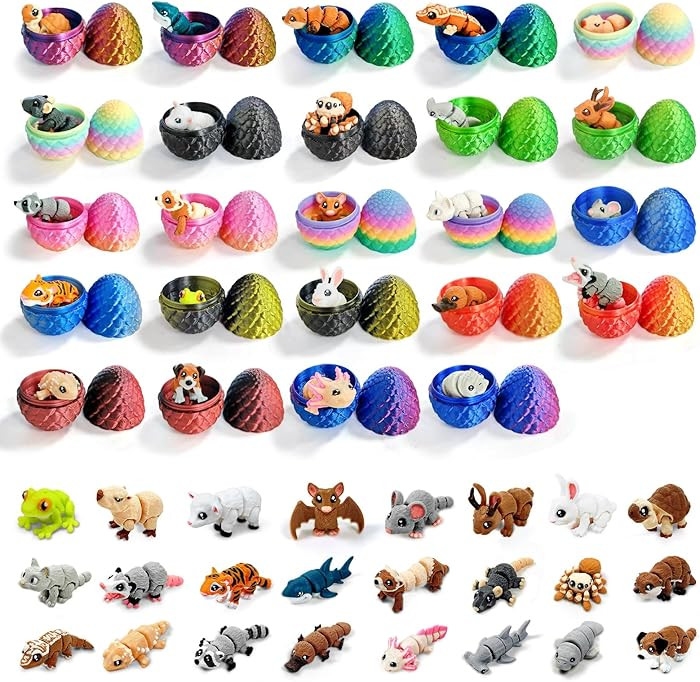 24 Pcs Mini 3D Printed Animals in Sparkle Eggs - 1.5-2 Inch Articulated Animal Figurines with Mul... | Amazon (US)