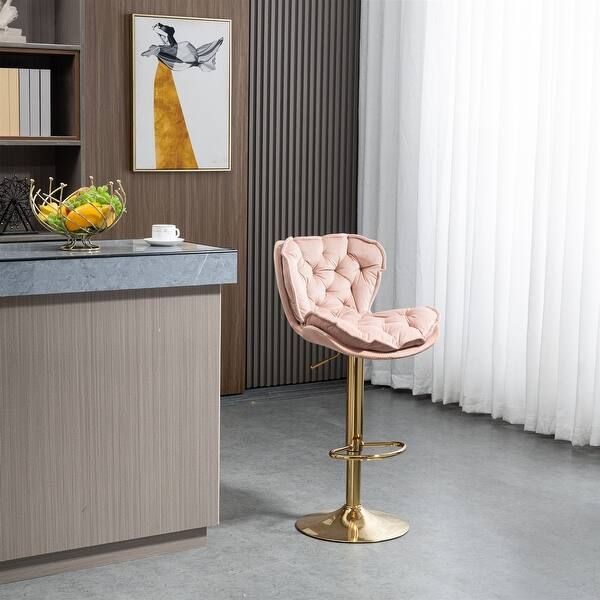 Velvet Tufted Adjustable Height Armless Bar Tools With Golden Footrest - Pink | Bed Bath & Beyond