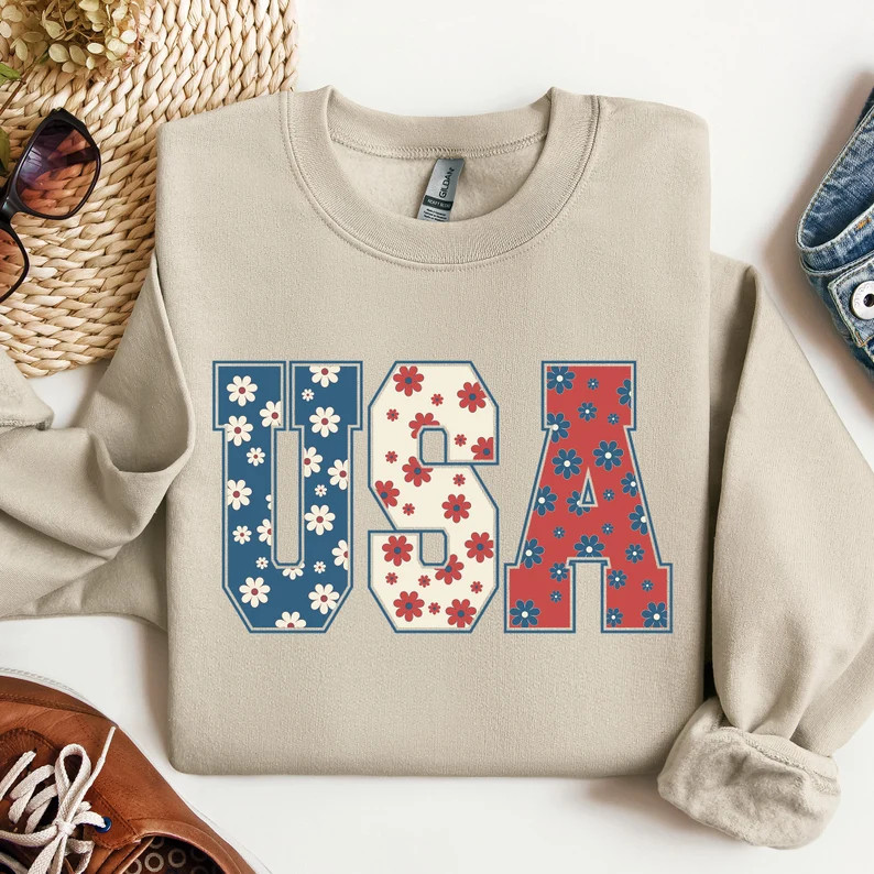 4th of July Comfort Colors® Shirt USA Floral Flowers Shirt Independence Day Women Tee & Sweatshi... | Etsy (US)