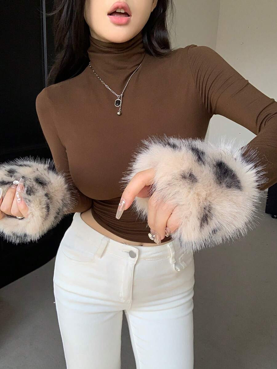 DAZY Leopard Print Fluffy Patchwork Slim Fit Turtleneck Long Sleeve T-Shirt For Women,Fall Women ... | SHEIN