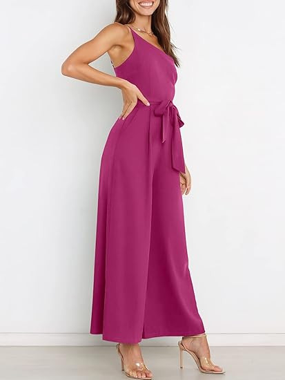 ANRABESS Women's Summer Dressy One Shoulder Sleeveless Tie Waist Backless Casual Wide Leg Jumpsui... | Amazon (US)