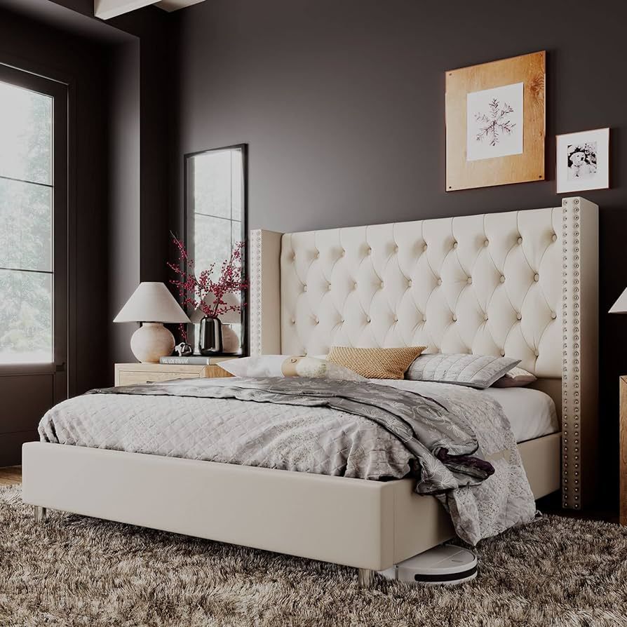 Jocisland Bed Frame King Size Velvet Tufted Upholstered Bed Low Profile Platform Bed Raised Wingb... | Amazon (US)