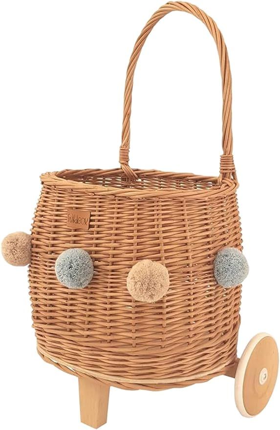 WIKLIBOX Rattan Pully Toy Basket - European Hand Made - Wicker Luggy Toy Storage (Natural with Po... | Amazon (US)
