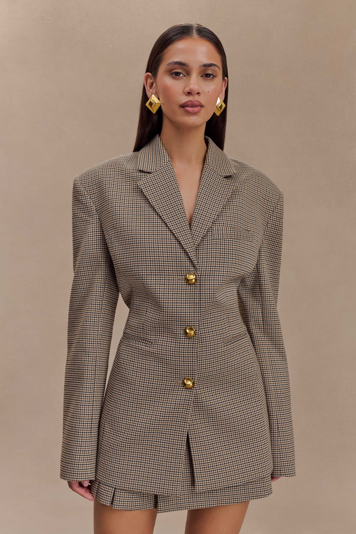 Mila Shaped Blazer - Tan Check | Meshki (APAC)