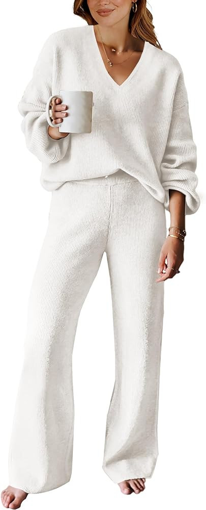 ANRABESS Women's Two Piece Outfits Sweater Sets Long Sleeve V Neck Knit Pullover and Wide Leg Pan... | Amazon (US)