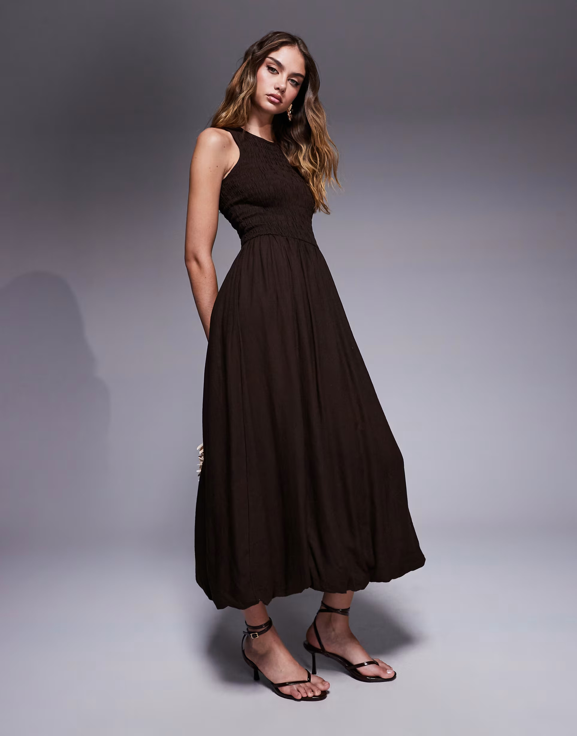 River Island puffball linen midi dress in dark brown | ASOS | ASOS (Global)