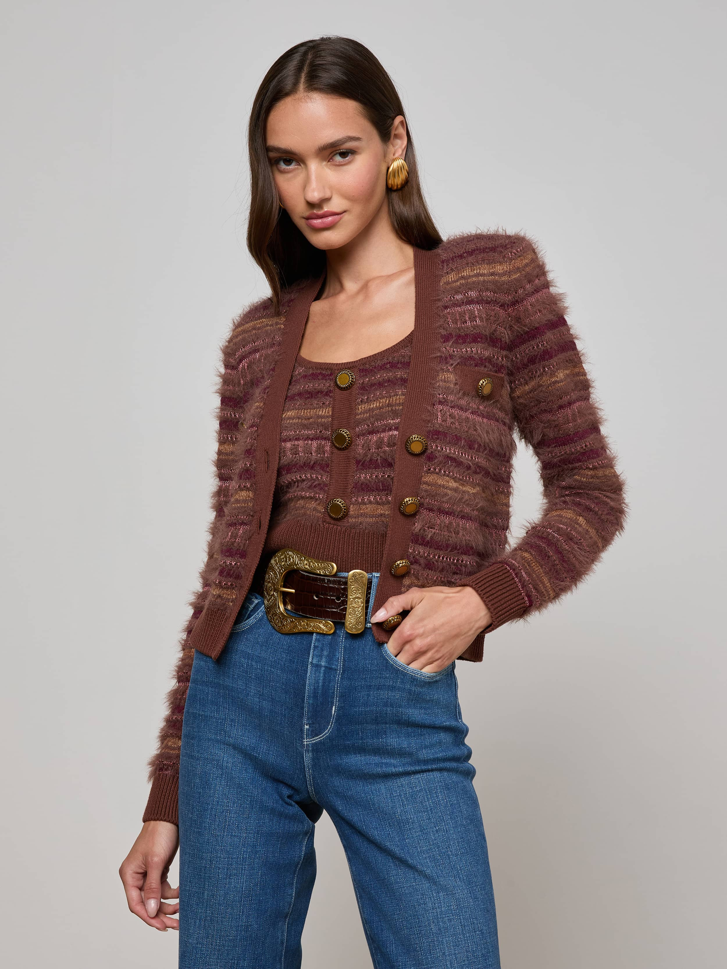Ariadne Cardigan in Natural/Mauve Multi | L'AGENCE | L'Agence