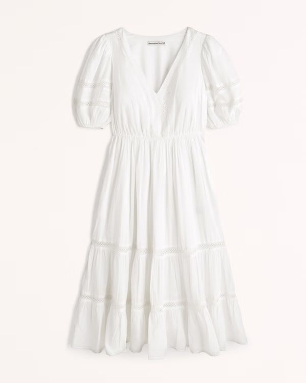 Women's Puff Sleeve Lace-Trim Midi Dress | Women's New Arrivals | Abercrombie.com | Abercrombie & Fitch (US)