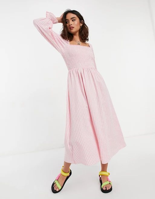 New Look shirred midi dress in pink gingham | ASOS (Global)