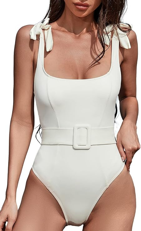 QINSEN Women's One Piece Swimsuit with Adjustable Tie Straps Elastic Belt Moderate Coverage Bathi... | Amazon (US)