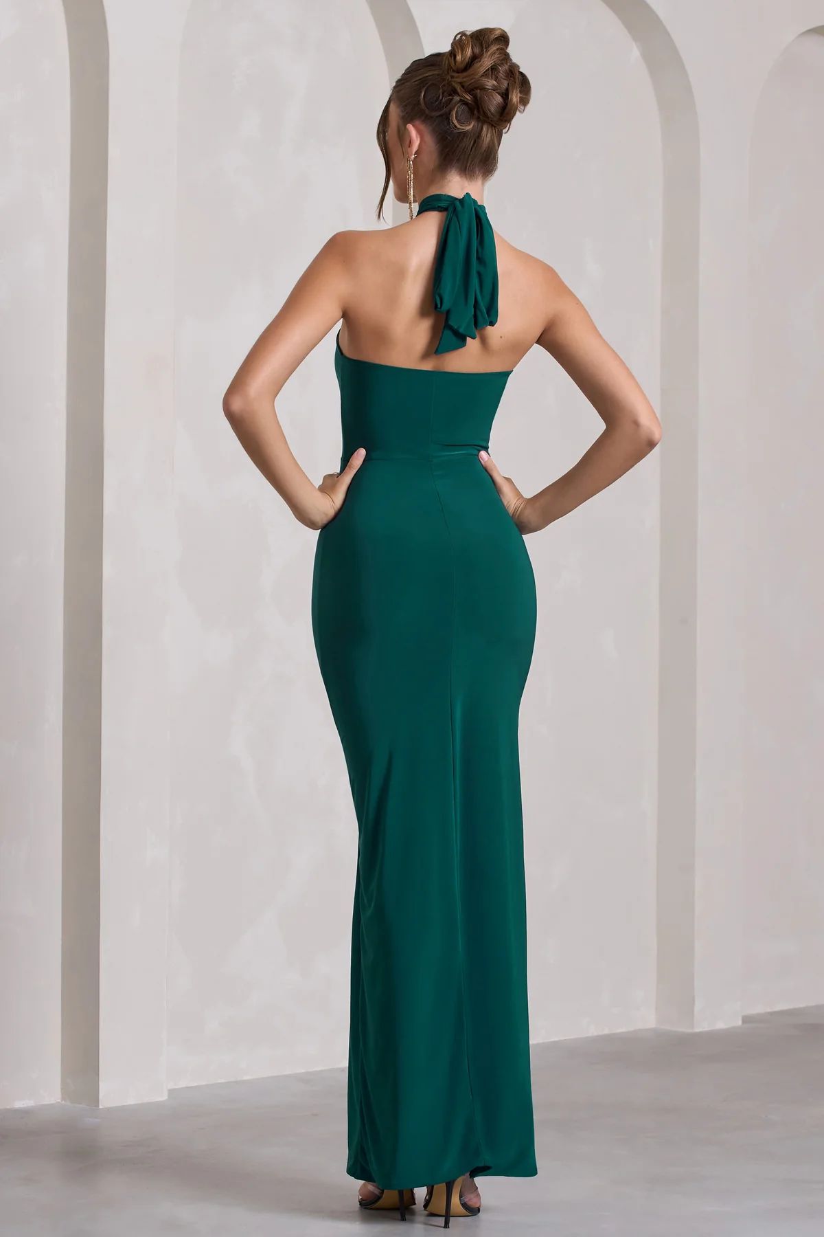 Pamela | Bottle Green Halter-Neck Sleeveless Split Maxi Dress | Club L London