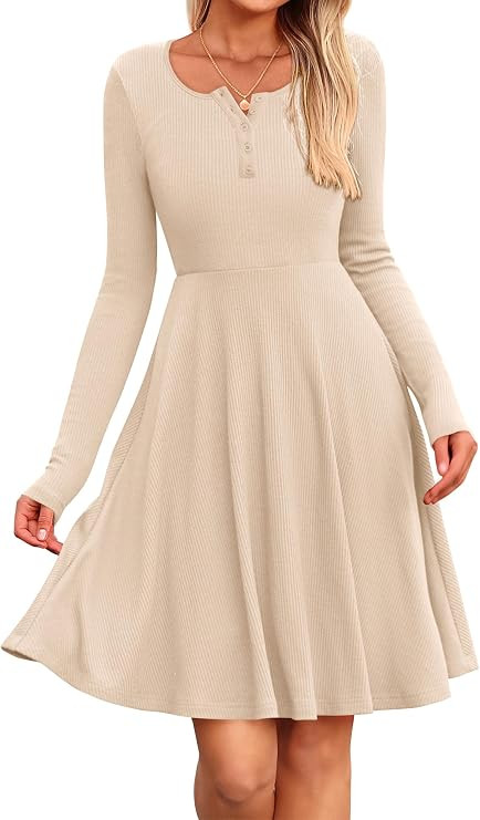 BTFBM Fall Fashion 2025 Long Sleeve Dress For Women Casual Ribbed Crewneck Button Down Empire Wai... | Amazon (US)