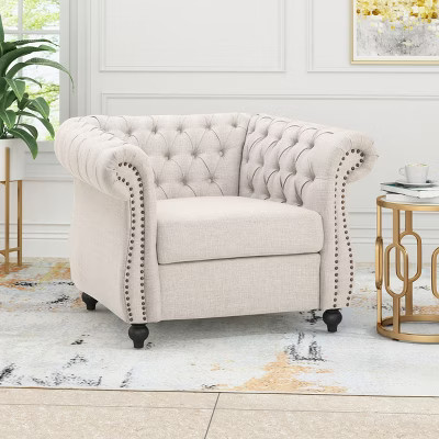 GDFStudio Tampa Contemporary Upholstered Tufted Club Chair with Nailhead Trim, Beige/Fabric | Target