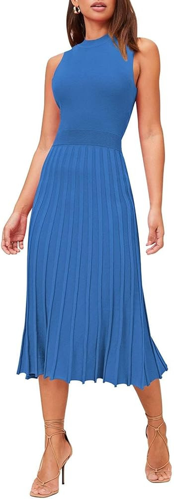 Pink Queen Women's Sleeveless Midi Dresses High Waisted Pleated Ribbed Knit Swing Long Dresses Ca... | Amazon (US)