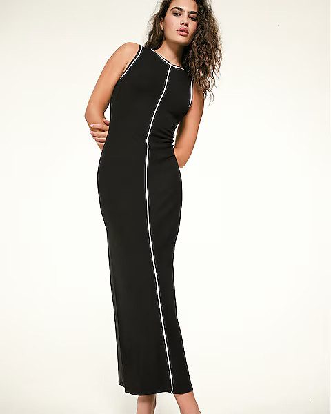 Piped Ribbed Crew Neck Sleeveless Midi Dress | Express