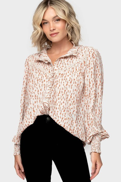 Long Sleeve Crochet Trim Blouse with Ruffle | Gibson