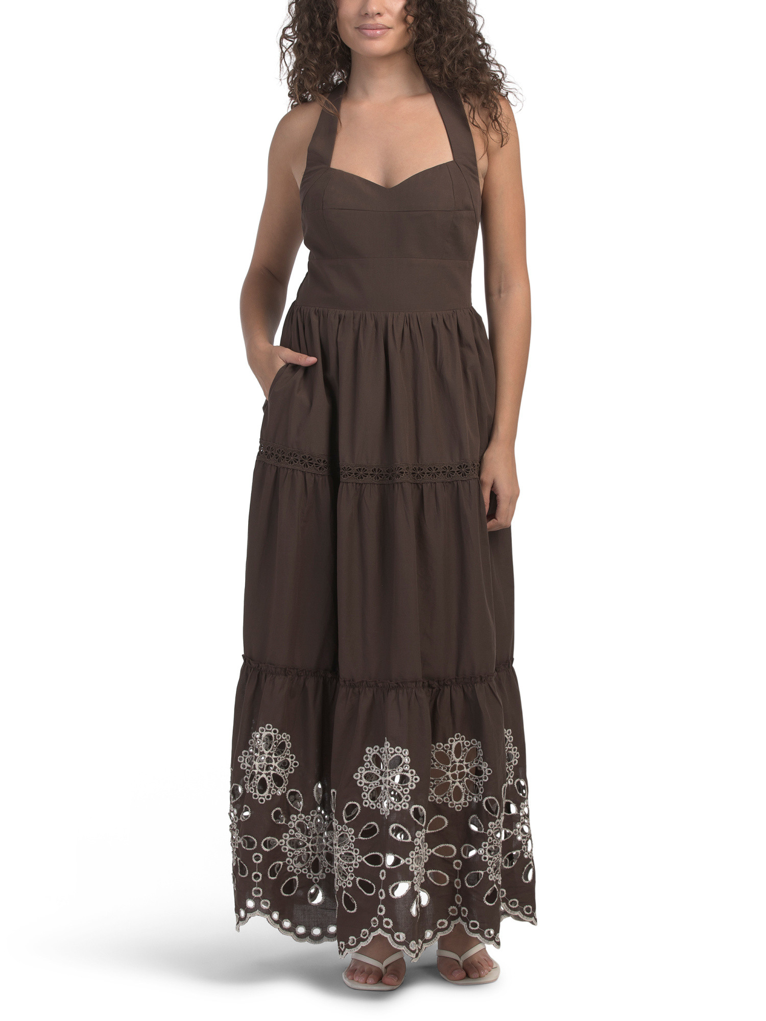 Sleeveless Halter Floral Embroidered Cutwork Maxi Dress | TJ Maxx