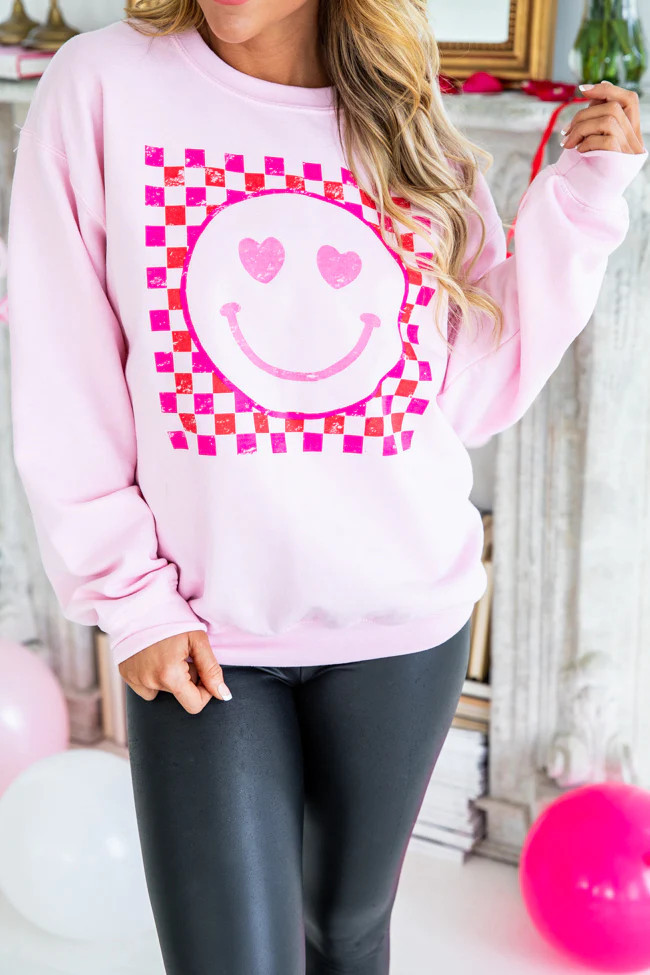 Red Checkered Distressed Smiley Light Pink Graphic Sweatshirt | Pink Lily