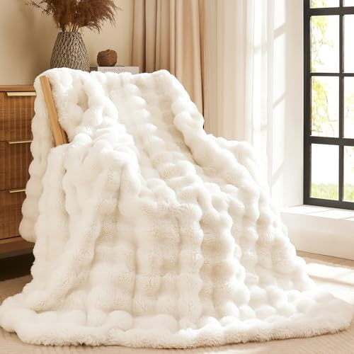 L'AGRATY Faux Fur Throw Blanket: 60" x 80" Luxury Soft Fluffy Thick Rabbit Fur Blankets for Twin Bed Couch - Cozy Plush Bubble Blankets for Winter: Warm Flannel Fleece Decorative Blanket(Cream White) | Amazon (US)