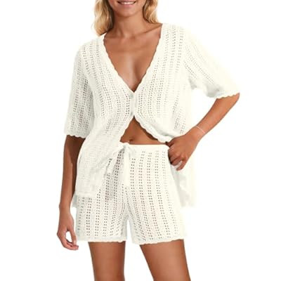 Saodimallsu Women Crochet 2 Piece Swimsuit Cover Up Short Sleeve Knit Tops Shorts Sets Su… | Amazon (US)
