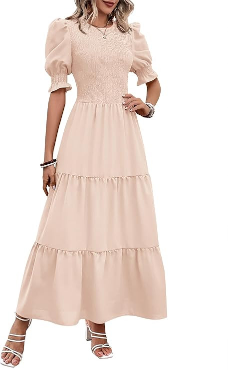 BTFBM Women Casual Summer Dresses 2026 Spring Crew Neck Ruffle Short Sleeve Smocked Floral Boho F... | Amazon (US)