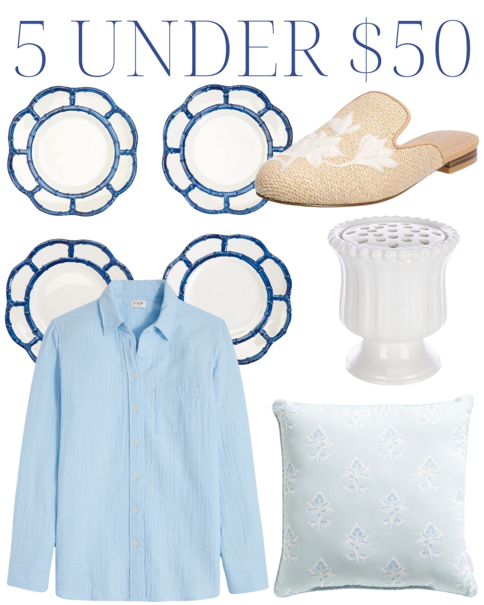 gauze button-up shirt, beach shirt, swim coverup, bamboo plates, outdoor dining, melamine plates, woven slides, raffia sandals, vase, outdoor pillows, block print pillows, preppy style, preppy outfit, classic style, OOTD, spring style, spring entertaining, spring decor, grandmillennial home, grandmillennial style, white blouse, blue and white, living room, dining room