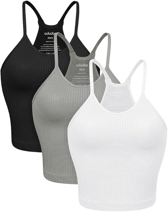 ODODOS Women's Crop 3-Pack Waffle Knit Seamless Camisole Cropped Tank Tops | Amazon (US)