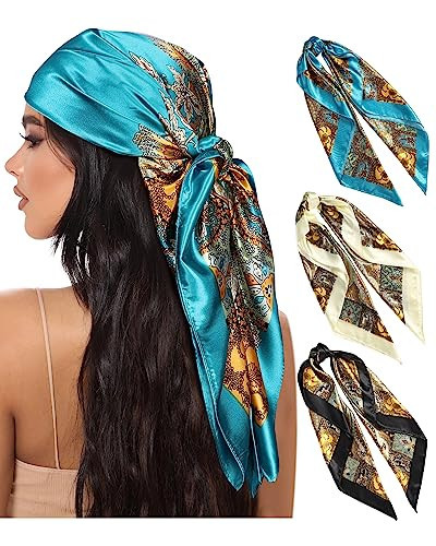 AWAYTR 35” Large Square Satin Head Scarf - 3Pcs Hair/ Neck Scarves Bandana Beach Silk Feeling Headscarf for Women Hair Wrap Paisley(Blue/Black/Beige) | Amazon (US)