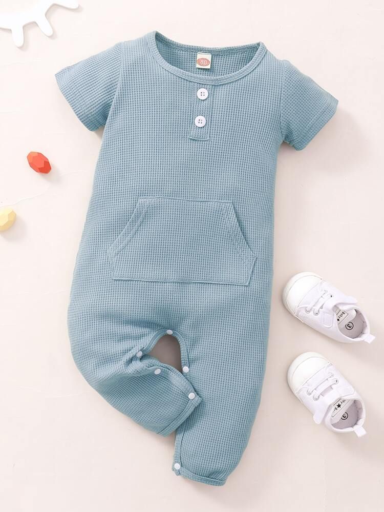 Baby Kangaroo Pocket Fake Button Waffle Knit Jumpsuit | SHEIN